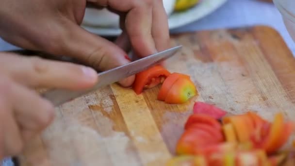 Чоловік нарізає свіжі помідори на дошці, пікнік міський парк, здоровий спосіб життя — стокове відео