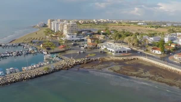 Panoramic view of port with yachts in Larnaca marina, beautiful aerial shot — Stock Video