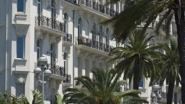 Edificio hotelero con palmeras en la costa Niza, arquitectura francesa, turismo — Vídeos de Stock