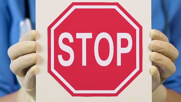 Veterinary Nurse Holding Stop Sign Calling Prevent Experiments Animals — Stock Video