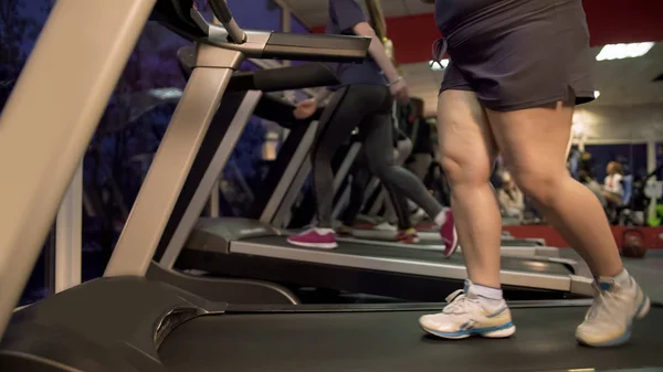 Jovencita con vientre grande y caderas gordas haciendo ejercicio en la cinta de correr, pérdida de peso —  Fotos de Stock