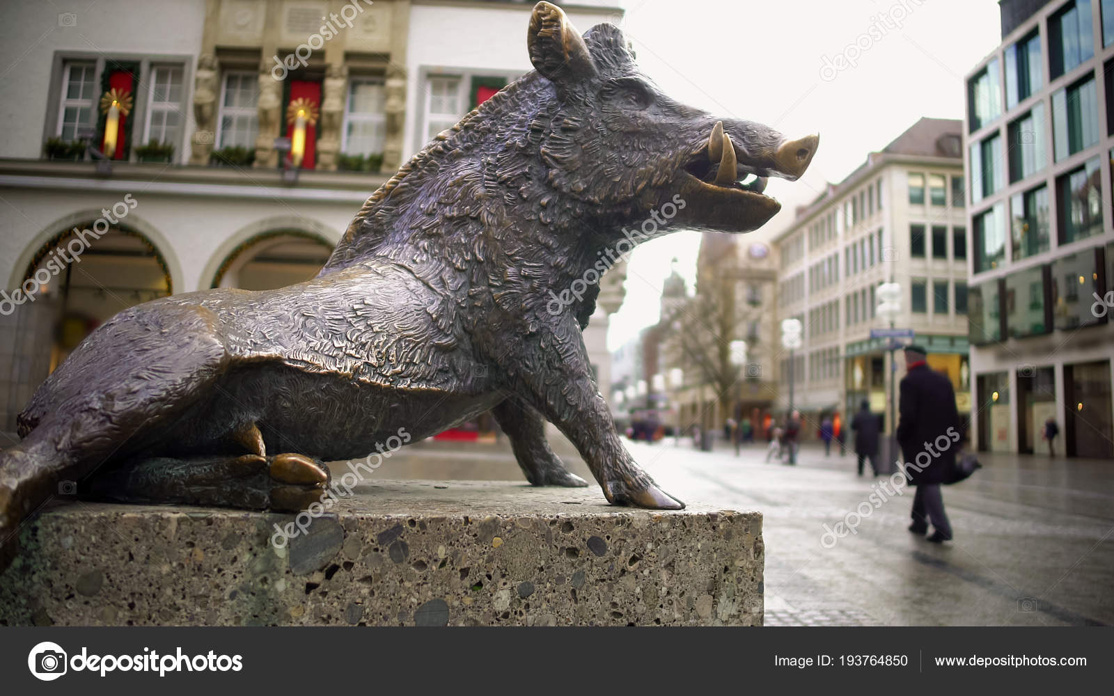 Bronze statue of wild boar standing near Hunting and Fishing Museum in