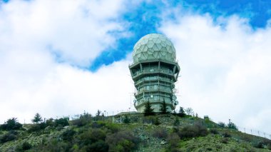 Observatory building with dome, satellite aerials on secret research laboratory clipart