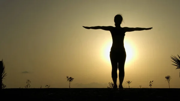 Γυναικείας σιλουέτας κάνει ασκήσεις γιόγκα για αρμονία, υγιές σώμα και μυαλό — Φωτογραφία Αρχείου