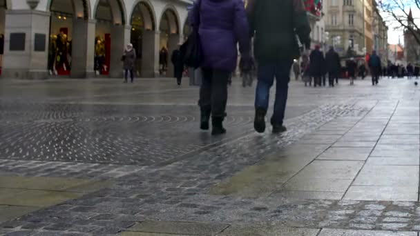 Monachium, Niemcy - około stycznia 2016: Ludzi w mieście. Ludzie chodzą Munich centralnej ulicy, turystów w europejskim mieście, promenada — Wideo stockowe