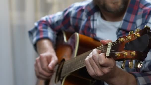 Ταλαντούχος άνθρωπος παίζει κιθάρα στο κόμμα, δημιουργικό χόμπι, γράφοντας το τραγούδι, συνεντευξη — Αρχείο Βίντεο