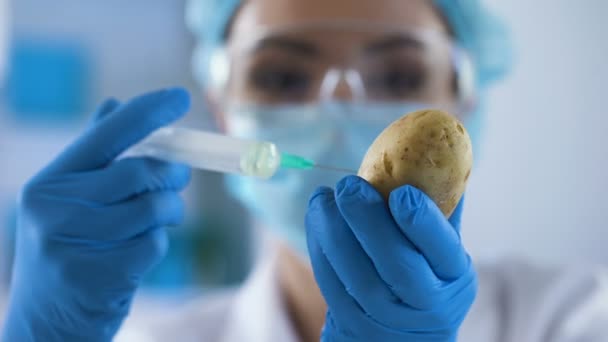 Científica femenina inyectando líquido químico en la bioseguridad de la patata, la gmo y los alimentos — Vídeos de Stock