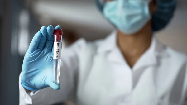 Virus Researcher Holding Influenza Antiviral Drug Test Tube Epidemic Infection — Stock Photo, Image