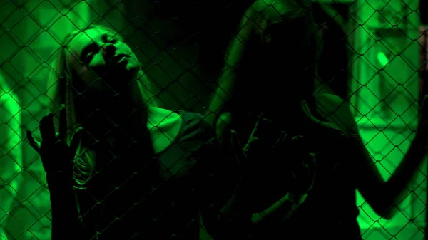 Σέξι Κυρίες Στέκονται Πίσω Από Μεταλλική Αλυσίδα Φράχτη Πράσινο Φως — Φωτογραφία Αρχείου