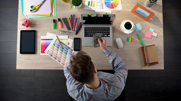 Unhappy Designer Counting Money Startup Brought Low Income Man Despair — Stock Photo, Image