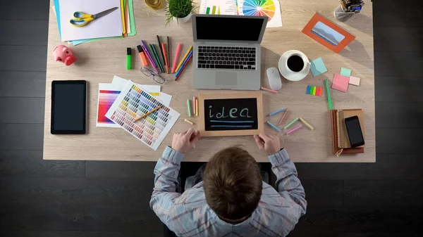 Excited Man Writing Idea Blackboard Full Inspiration Begin Working Day — Stock Photo, Image