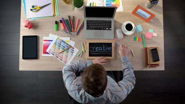 Advertising Designer Writing Creative Blackboard Work Project Top View — Stock Photo, Image