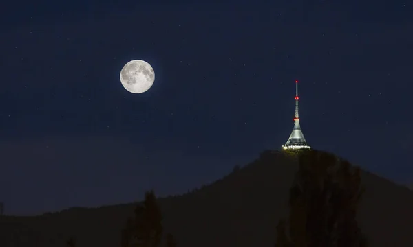 Jested lookout tower, night view with full moon. Liberec, Bohemia, Czech Republic. — Stock Photo, Image