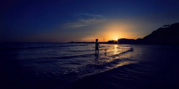 Little Boy Fisherman Waiting Big Catch Front Big Sea Sunset — Stock Photo, Image