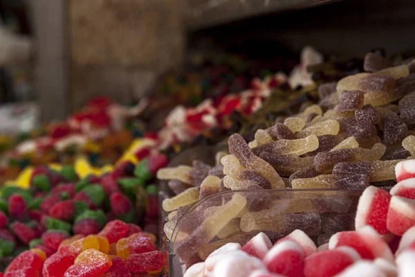 Geassorteerde Kleurrijke Lekkere Snoepjes Jelly Sweets Bovenaanzicht Selectieve Focus — Stockfoto