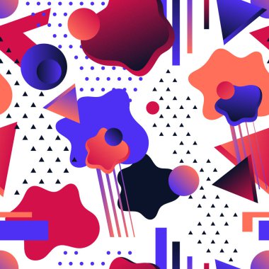 Parlak koyu renklerde modern soyut şekiller turuncu, mor, mavi, kırmızı ve 2d ve 3d dalgalı şekillerle beyaz arkaplanda. Duvar kağıdı olarak kullanılabilir, arka plan olarak. Vektör biçimi.