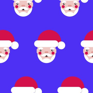 Düz Noel Baba 2019-2020 arası parlak renklerde mavi arka planda bir desen çiziyor. Sevimli çizgi film karakteri. Kutlama ve parti. Noel hediyesi paketi. Vektör illüstrasyonu.