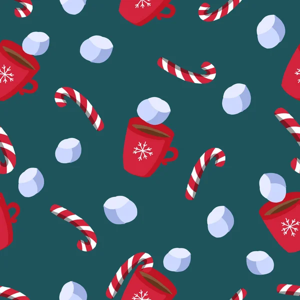 Christmas seamless pattern with candy canes, hot chocolate in and marshmallows on a dark teal green background. — Stock Vector