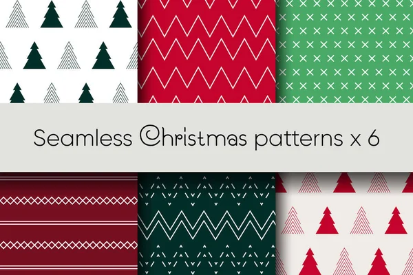 Seamless Christmas 2020 patterns set in minimalist Scandinavian style. Fir trees, lines, stripes and crosses — Stock Vector