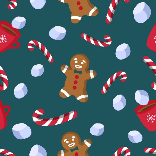 Christmas seamless pattern with ginger bread, candy canes, hot chocolate and marshmallows on a dark green background. — Stock Vector