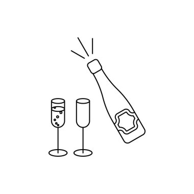 Minimalist tarzda iki bardak vektör ikonu olan şampanya şişesi. Noel arifesi ve yeni yıl. Çizgi çalışması. Siyah renk.