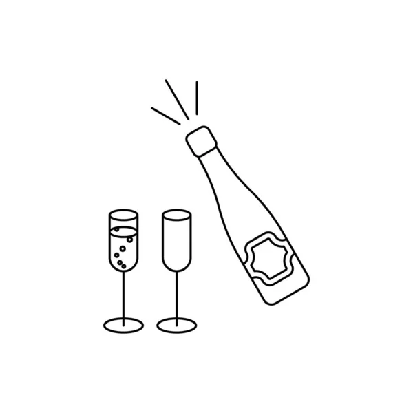 Láhev šampaňského se dvěma skleněnými vektory v minimalistickém stylu. Štědrý večer a Nový rok. Linkové umění. Černá barva. — Stockový vektor