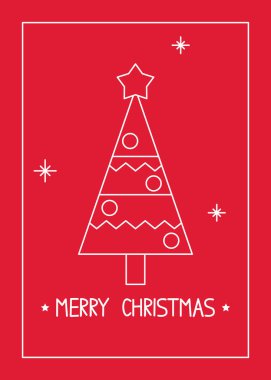 Noel tebrik kartı, ağaç, dekorasyon ve yıldız. Basit moda sanat çizgisi çizimi çizimi. İskandinav tasarımı