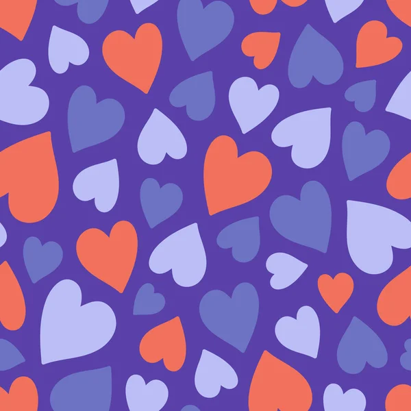 Leuke hartjes naadloos patroon in trendy heldere kleuren op een violette achtergrond. Plat en eenvoudig. Kan gebruikt worden als achtergrond — Stockvector