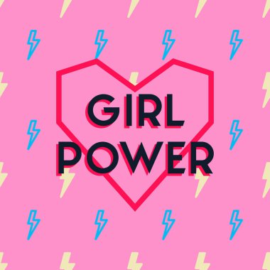 Pembe arka planda, mavi ve sarı yıldırımlı ve kalbi olan bir kız güç sloganı. Gpwr modası geçmiş çizgi roman biçimi