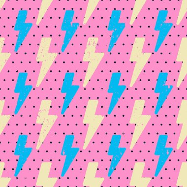 Pembe arka planda benekli, yıldırımsız desen. Retro çizgi film tarzı. Mavi ve sarı şimşekler.