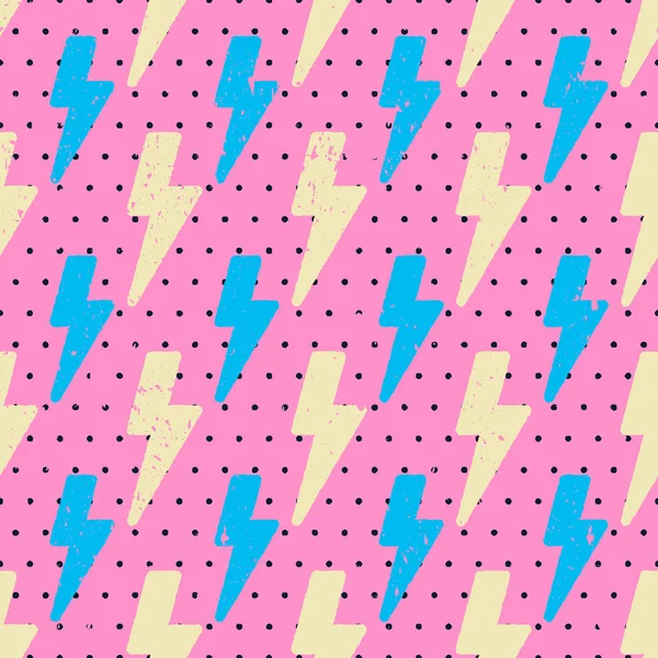 Flash lightning seamless pattern on pink background with polka dot. Retro cartoon style. Blue and yellow thunderbolts. — Stock Vector