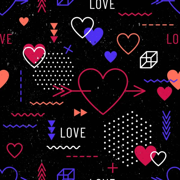 Patrón sin costuras del Día de San Valentín con corazones y símbolos geométricos en estilo retro de los 80, 90 memphis sobre fondo negro . — Vector de stock