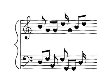 Cute notes staff for Valentine's day. Cartoon style black hearts notes, clef and stave isolated on white background.