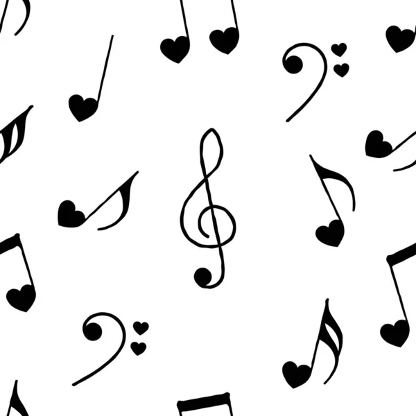 Jolies notes musicales avec des cœurs sur fond blanc motif sans couture. Style dessiné à la main. Illustration vectorielle . — Image vectorielle