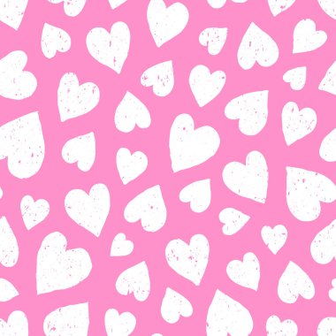 Valentine's Day hearts white on pink background. Textured seamless pattern with aged effect. Hand drawn doodle style.