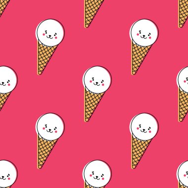 Tatlı dondurma külahları ve bebek arp fokların parlak pembe arka planda kusursuz desenleri var. Düz çizgi film biçimi.