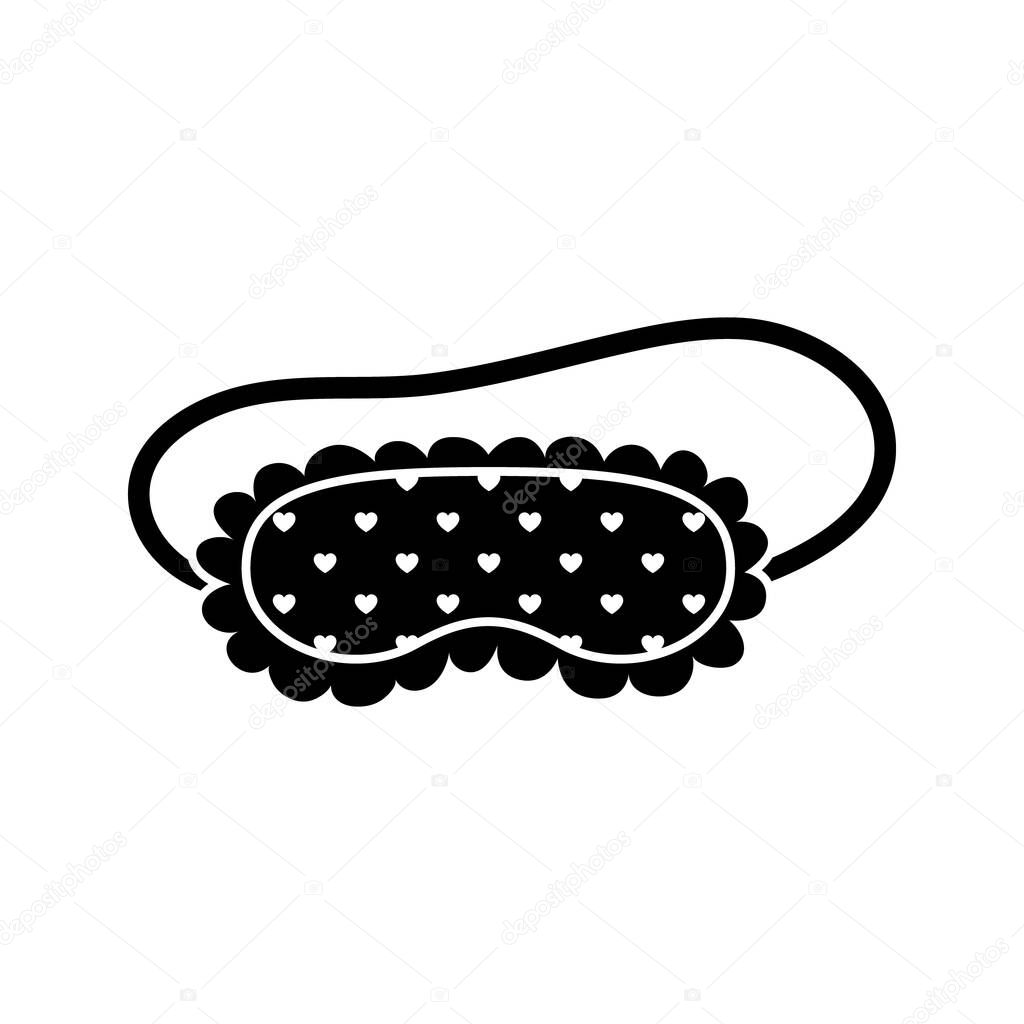 Cute sleeping mask with hearts pattern isolated on white background. Black cartoon style sleeping mask vector icon.