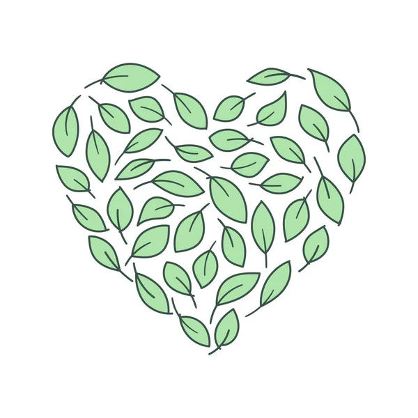Leaf heart on white background with light green leaves. Eco friendly poster with heart made of leaves. — Stockvector