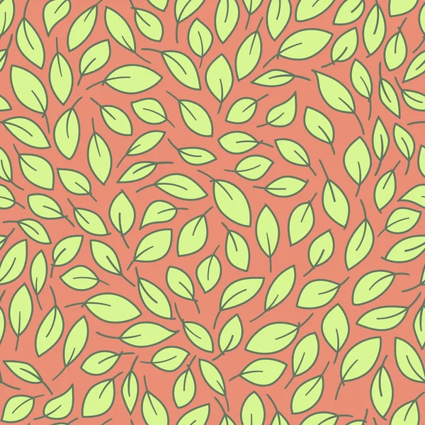 Beautiful light green leaves seamless pattern on orange background. Cartoon style vector illustration in minimalism. — 스톡 벡터