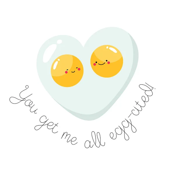 Cute fried eggs heart. Fried eggs in love on white background in funny flat cartoon style. Greeting card with funny text — Stockvektor