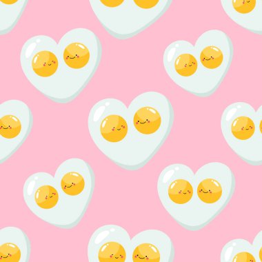 Cute egg hearts seamless pattern on pale pink background. Funny fried eggs in love background in cartoon style.