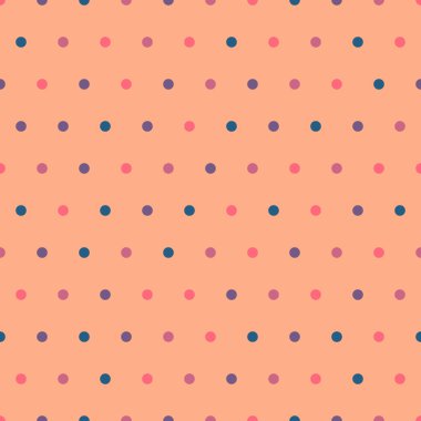 Turuncu şeftali arkaplanda noktasız renkli polka deseni. Renkli şirin daireler vektör deseni. Düz stil. Minimalist, basit.