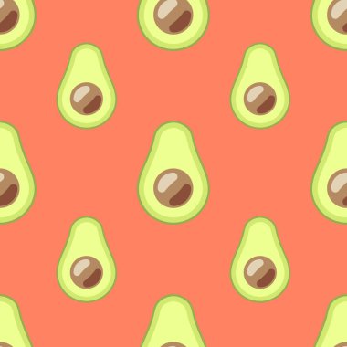 Mercan arka planında yaz tarzında son moda avokado pürüzsüz desen. Sevimli, minimalist, basit.
