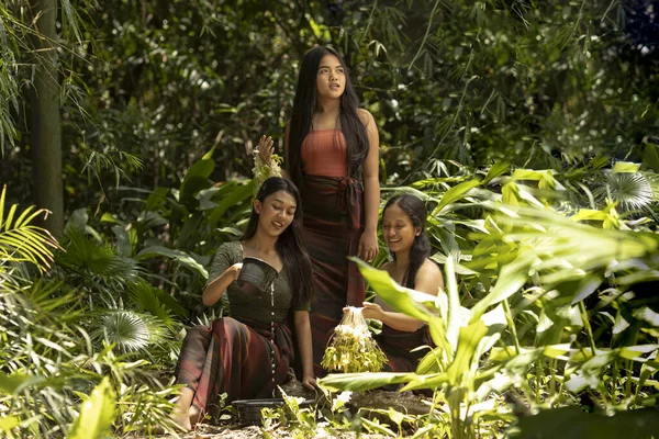 Filipinli kız ormanda yaşıyor. Filipinli kadın ormanda dikiliyor. Ormandaki kız. Çiçek çelengi olan genç bir kız model. Güzel Filipinli kadın.