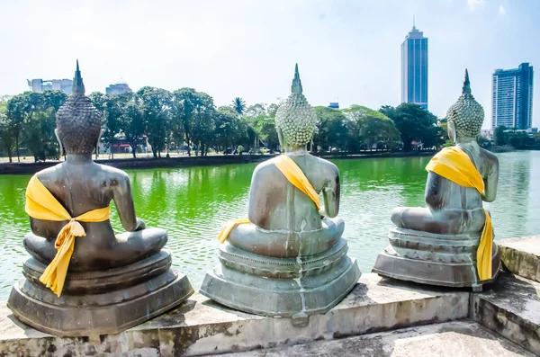 Colombo / Srilanka 27 Aralık 2019: Colombo Srilanka 'daki Gangaramaya Gölü Tapınağı' ndaki Buda heykellerinin arkası.