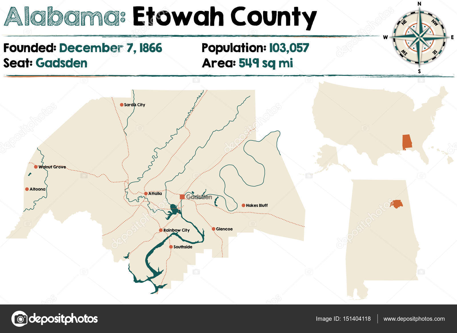 Alabama Etowah county map Stock Vector Image by ©Malachy666 151404118