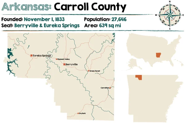 Stor och detaljerad karta över Carroll County i Arkansas — Stock vektor