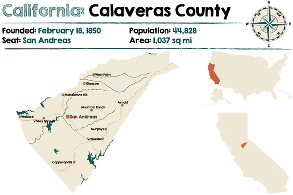 Kalifornie - Calaveras kraje mapa — Stockový vektor