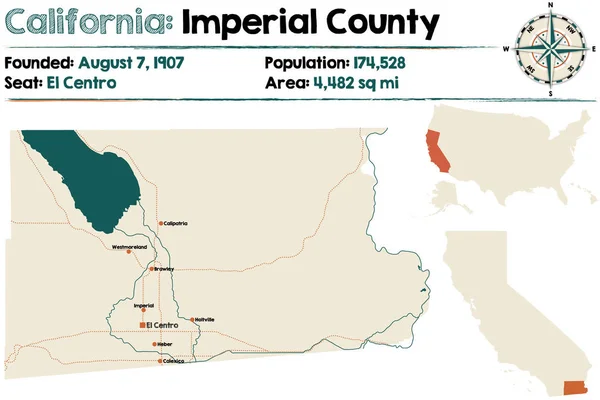 Kalifornie - imperiální mapa okresů — Stockový vektor