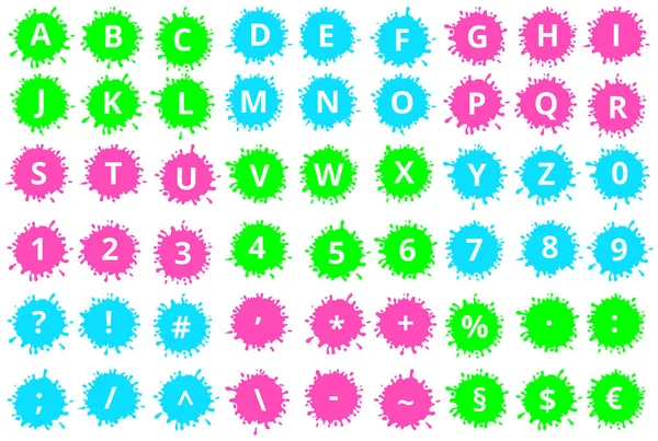 Ícones sangrentos alfabéticos manchados em cores de néon —  Vetores de Stock